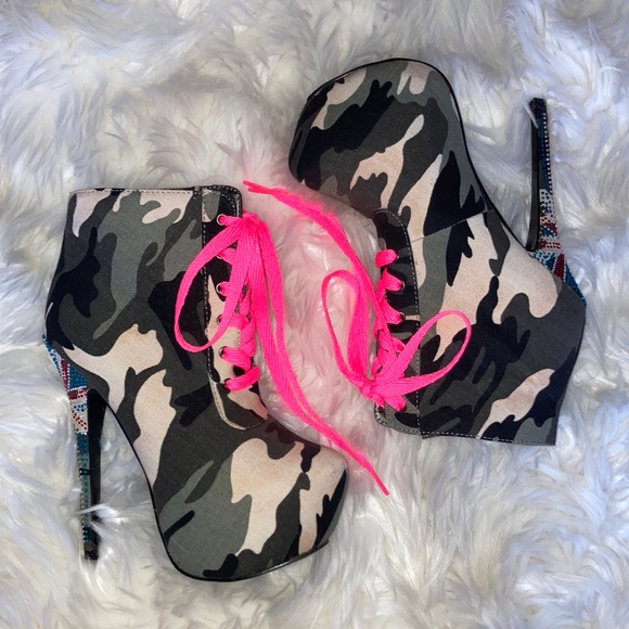 MOCHI Camo UK Rhinestone Lace Up Stiletto Platform Ankle Boots Booties 7 - Picture 3 of 16